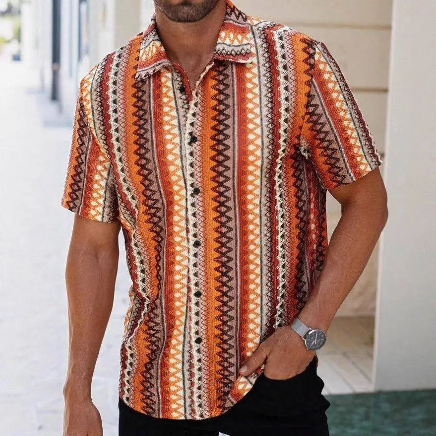 Men's Casual Comfortable Chevron Pattern Jacquard Shirt Standard Fit Short Sleeve Printed PU Leather Ethnic Style Summer Shirt