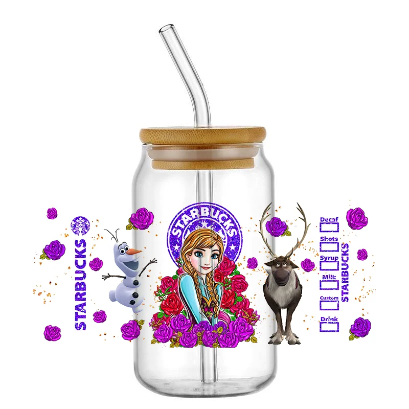 UV DTF Transfer 3D Sticker Disney Princess Series Prints involucri completi per vetro Libbey da 16 once può sublimazione fai da te impermeabile