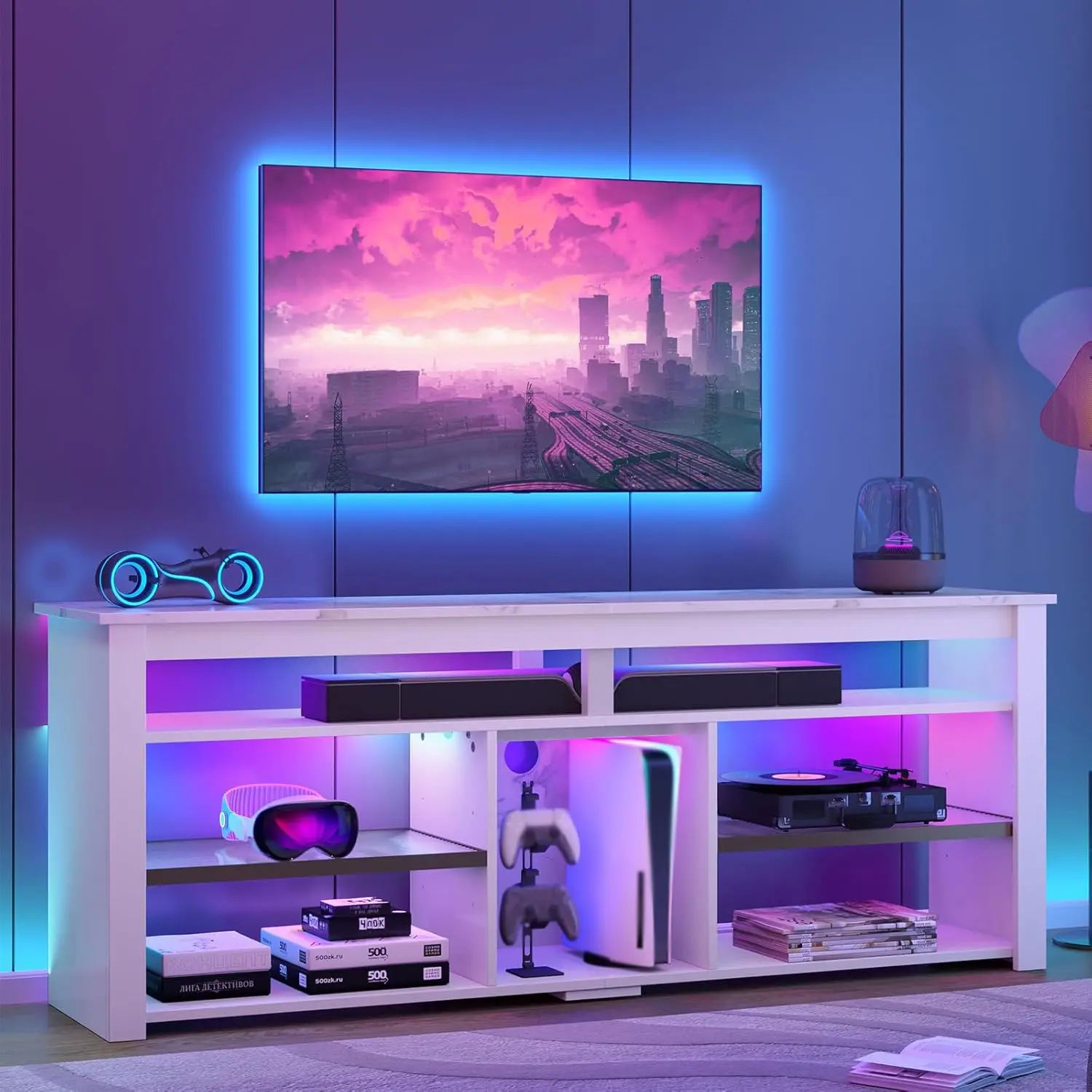 TV Stand for 70 inch TV, Tall Entertainment Center with 2 Led Lights, Gaming TV Console with Storage for PS5,, Customized