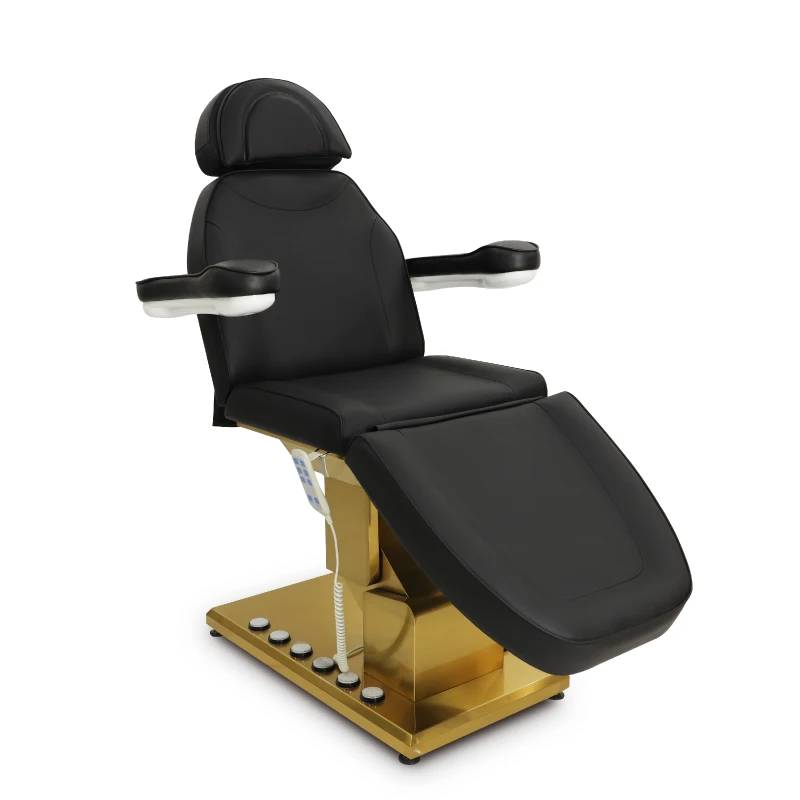 Beauty Salon Furniture Black Leather Gold Stainless Steel Base Massage Bed Lifting Tables Reclining  with Foot Control