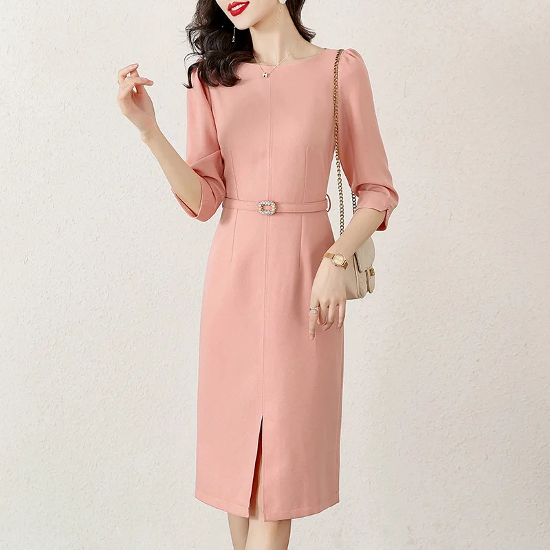 Women\'s Elegant Monochromatic Commuter Dress Slim Fit Belt French High End Design Korean Fashion Summer Luxury New 2024