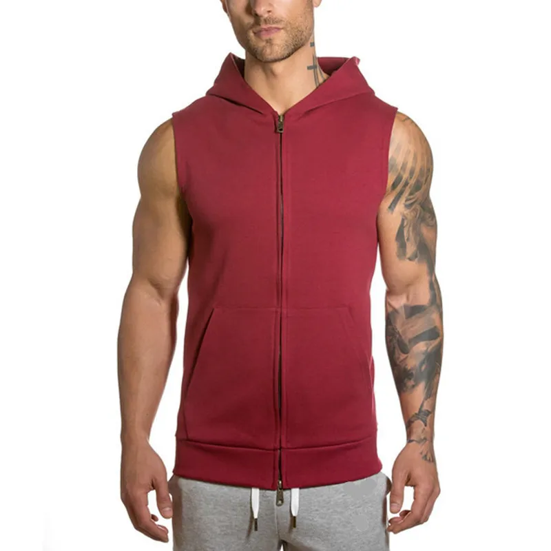 Hot Selling Men\'s Lace Up Hoodie With Open Front Zipper Hoodie, Sleeveless Fashionable Sports Jacket, Men\'s Clothing