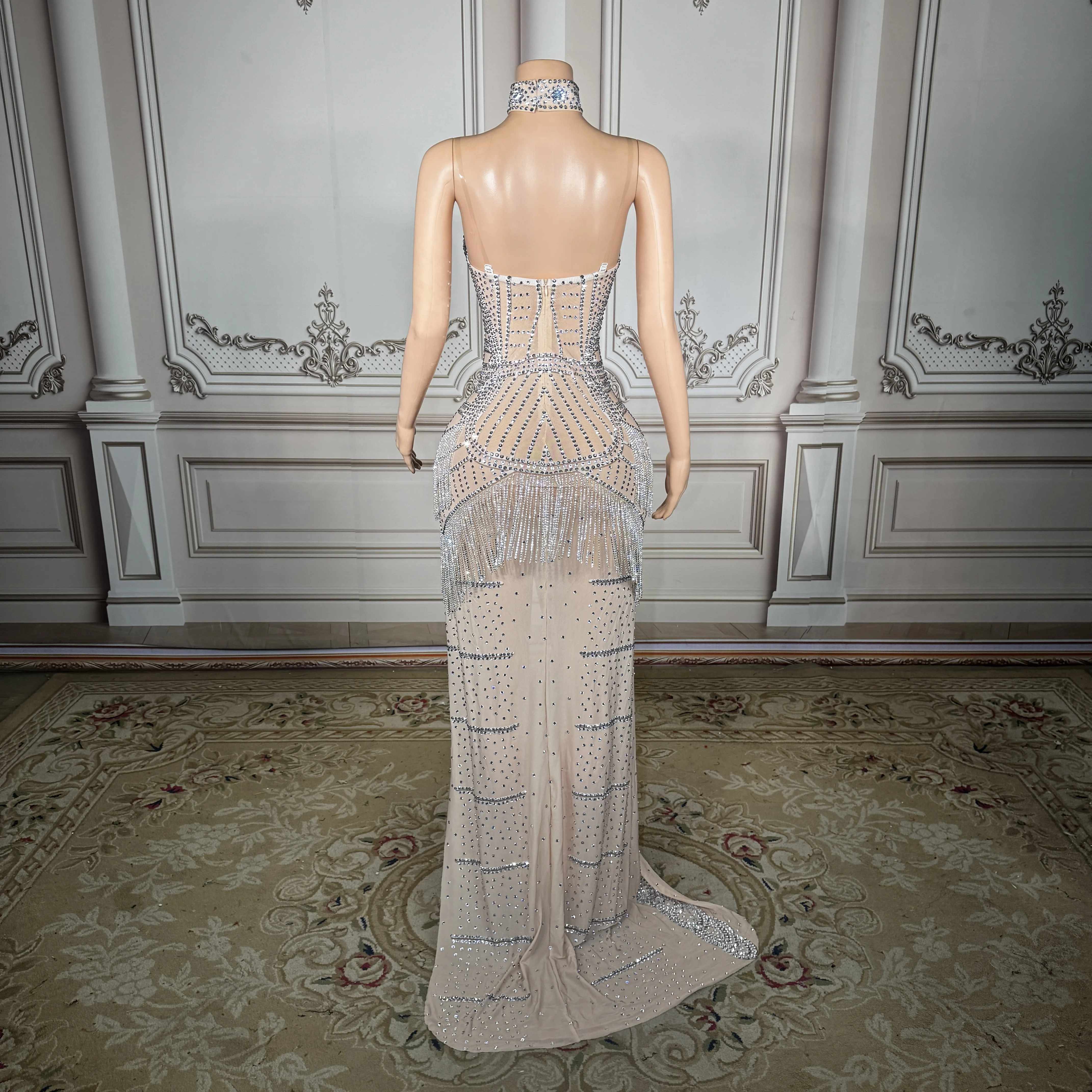 

ZD 2026 new strapless luxury rhinestones sexy slit tassel long dress bar performance evening host light luxury evening gown