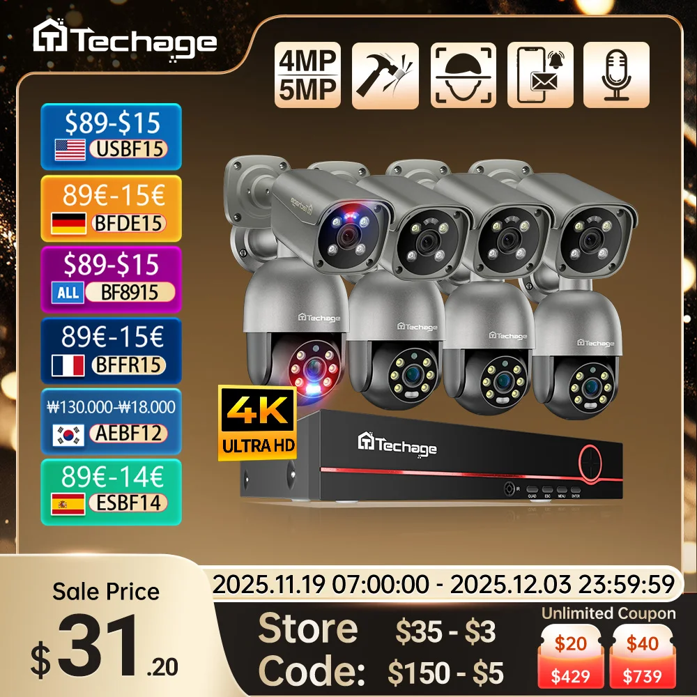 

Techage 8CH 8MP 5MP Security Camera System Night Vision Human Detection POE PTZ Camera Outdoor Security Surveillance P2P System
