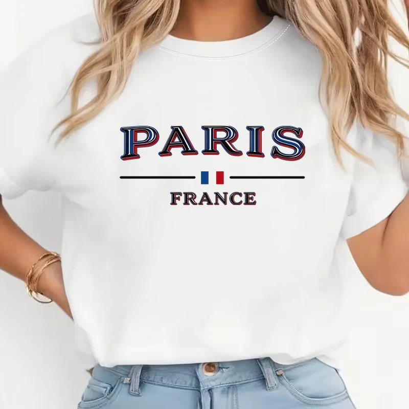 Lustiges Paris Frankreich Buchstaben-Print Vintage T-Shirt Damen Casual T-Shirt 90er Y2K Rundhals Kurzarm Oberteil T-Shirt Kleidung Damen