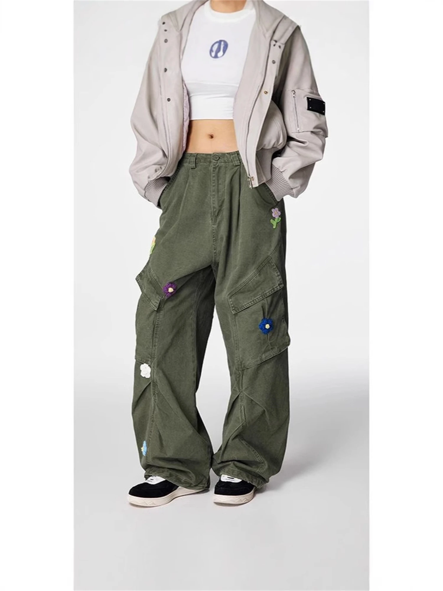 Women's Embroidered Cargo Pants High Waist Baggy Wide Leg Trousers Vintage Streetwear Casual Loose Pants With Multiple Pockets
