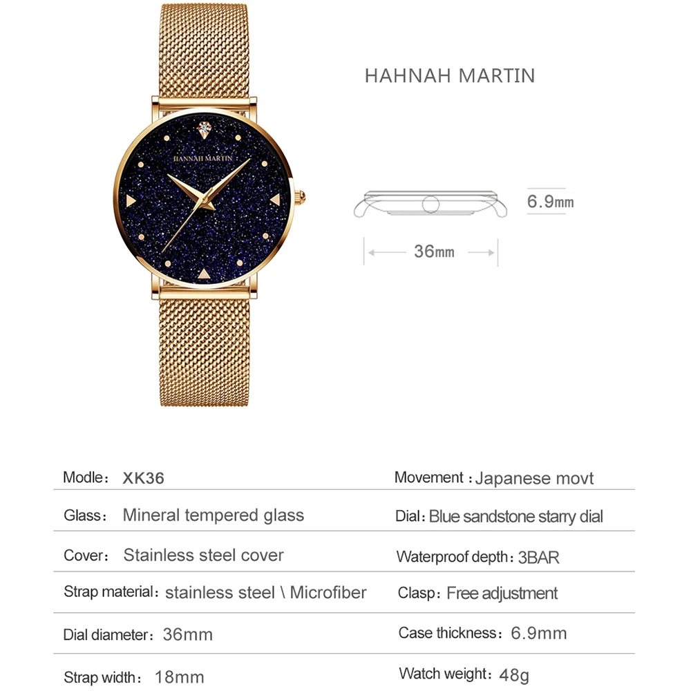 HANNAH MARTIN-Reloj de lujo con diamantes de imitación para mujer, esfera de cielo estrellado, correa de acero inoxidable, resistente al agua, pareja