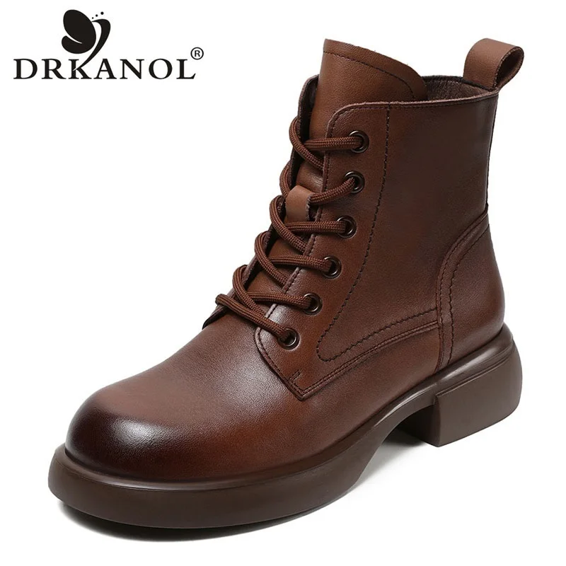 DRKANOL British Style Women Boots High Quality Genuine Cow Leather Handmade Retro Round Toe Thick Heel Winter Warm Ankle Boots