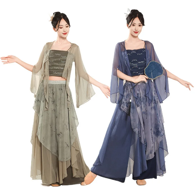 Klasyczne kostiumy do tańca, starożytne ubrania z gazy, cekinowe szelki, eleganckie kuloty z tuszem, chińskie ćwiczenia ciała do tańca