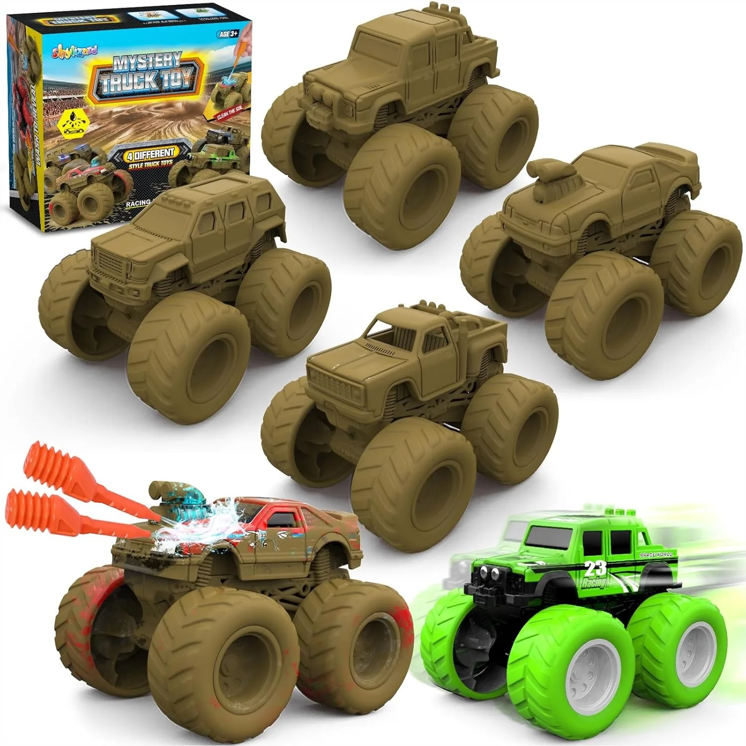 

Monster Truck Toys for 3-8 Year Old Kids, Wash to Reveal 4 Pack Toy Trucks with Realistic Mud Paint, Birthday Gifts for Boys