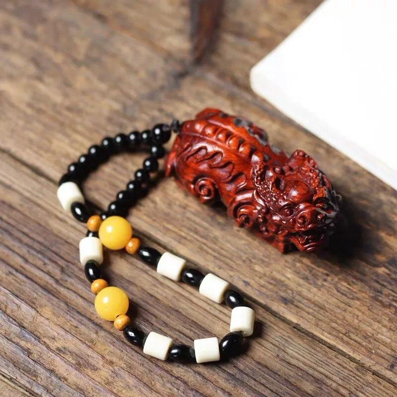 Wood Red Sandalwood Pixiu Hand Carving Palm Roller Buddhist Amulet Car Charm Ornament Desk Decor Collectible Gift for Men Women