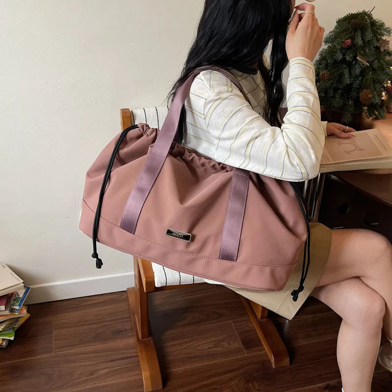 

Drawstring Nylon Duffel Bag with Wide Straps Large Capacity Weekender Travel Gym Tote Color-Block Shoulder Purse for Women