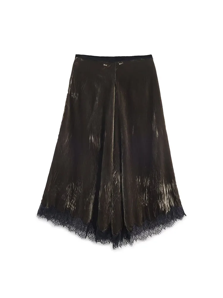 

2025 Women Autumn MIDI Skirts Vintage Solid High Waist Velvet Lace Female Elegant Street Skirt Clothing