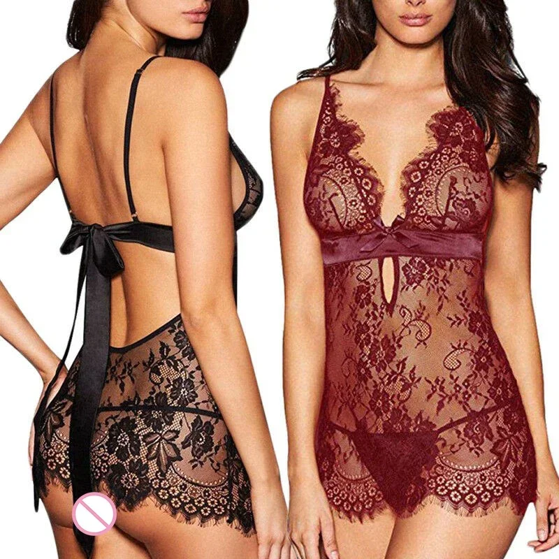 Lace Sexy Babydoll Lingerie Female Dress Backless See Through Nightdress Chemises Women Sleepwear Erotic Underwear