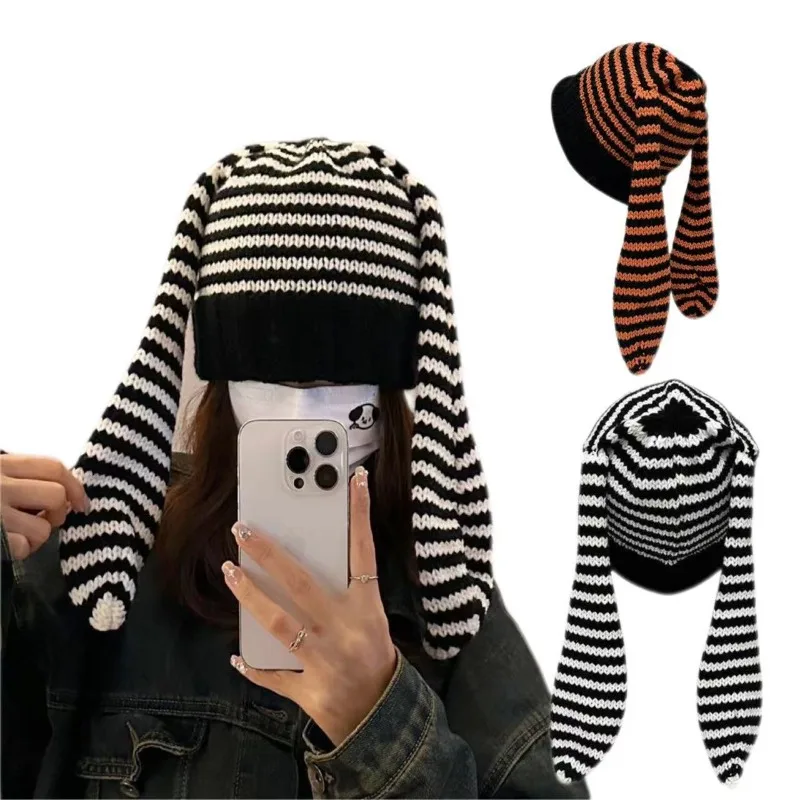 New Long-eared Wool Hat, Striped Devil Knitted Pullover Hat, Contrasting Color, Cold Hat To Keep Warm, Big Head Circumference