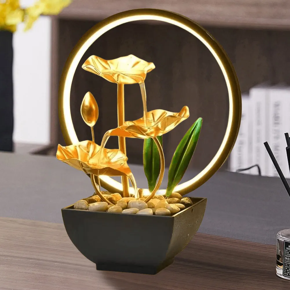 Tiered Desktop Waterfall Decor with Natural Rocks & LED Ring Light Water Circulating Fountain Metal for Office Living Room Decor