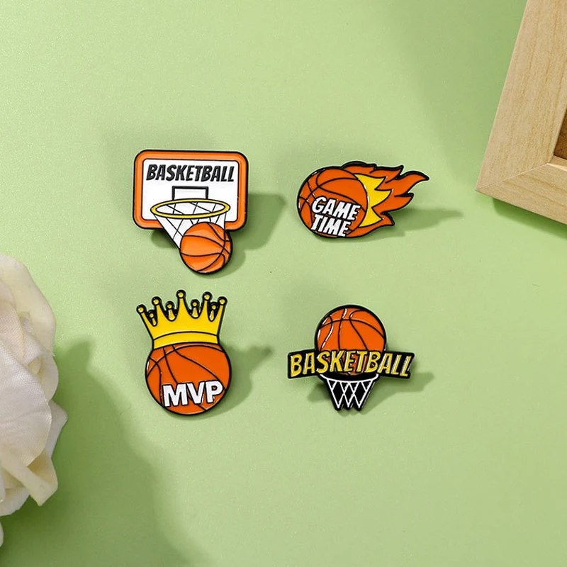 Creative Basketball Enamel Brooch Flame Game Time Mvp Crown Basketball Sport Metal Badge Punk Clothing Lapel Pins Jewelry Gift