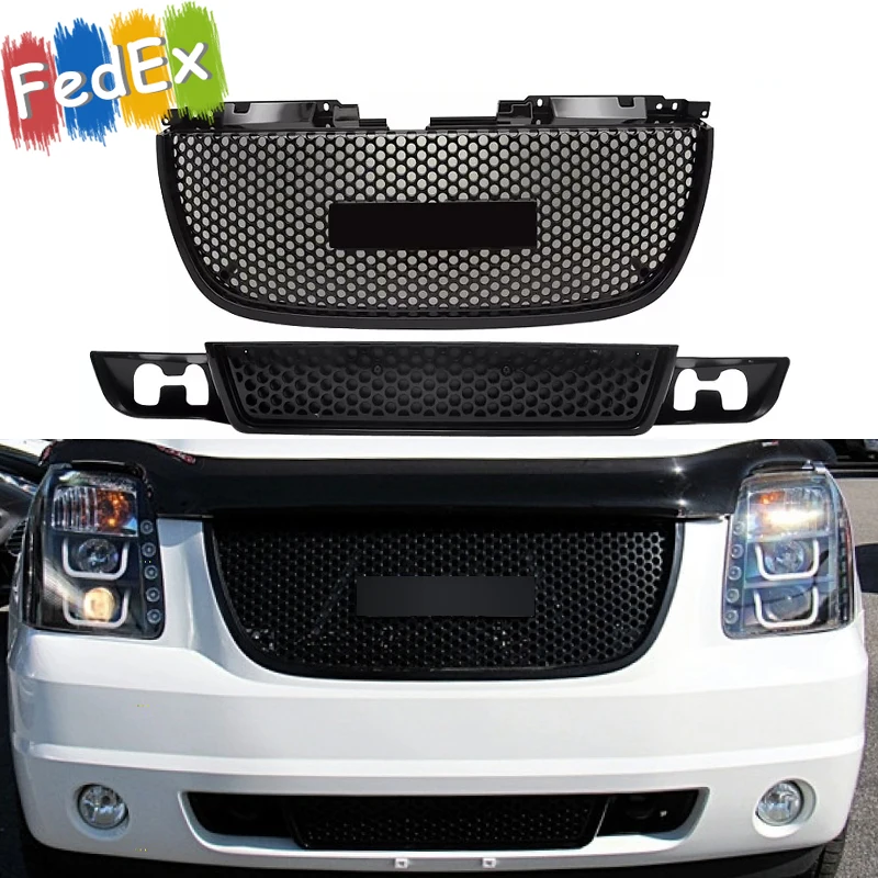 Glossy Black Front Upper&Lower Grille For GMC Yukon Denali 2007-2014 Honeycomb Front Bumper Grill Radiator Grills Accessories