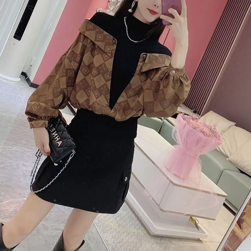 Fashion Fake Two Pieces Spliced Blouse Female Clothing Korean Half High Collar Loose Spring Autumn Commute Plaid Printed Shirt