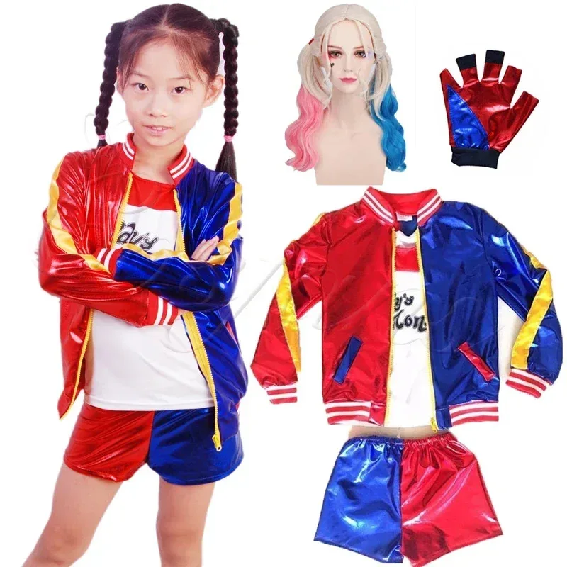 

Girls Harley Squad Monster Shirt Quinn Costume Printed Jacket Shirt Pants Gloves Suicide Quinn Cosplay Costume