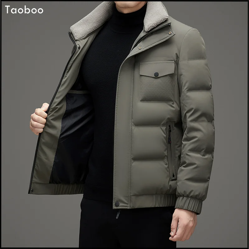 Taoboo 2024 giacche invernali larghe Vintage per uomo Smart Casual collo di pelliccia solida addensare giacche calde 90% piumino d'anatra bianco