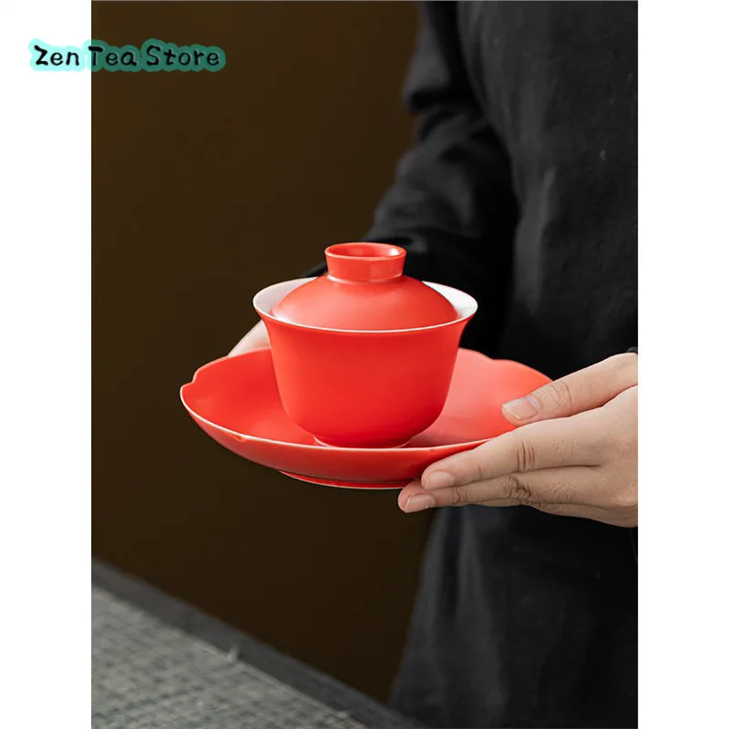 Forbidden City Cultural Red Covered Bowl Wedding Tea Cup Tea Bowl Kung Fu Tea Set Three Cover Bowl Ceramic Tea Infuser Wholesale