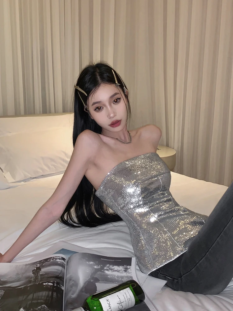 Sparkle Sequin Corset Tube Top Women Silver Vintage Y2k Zip-up Off-shoulder Sleeveless Vest Raves Music Festival Outfit