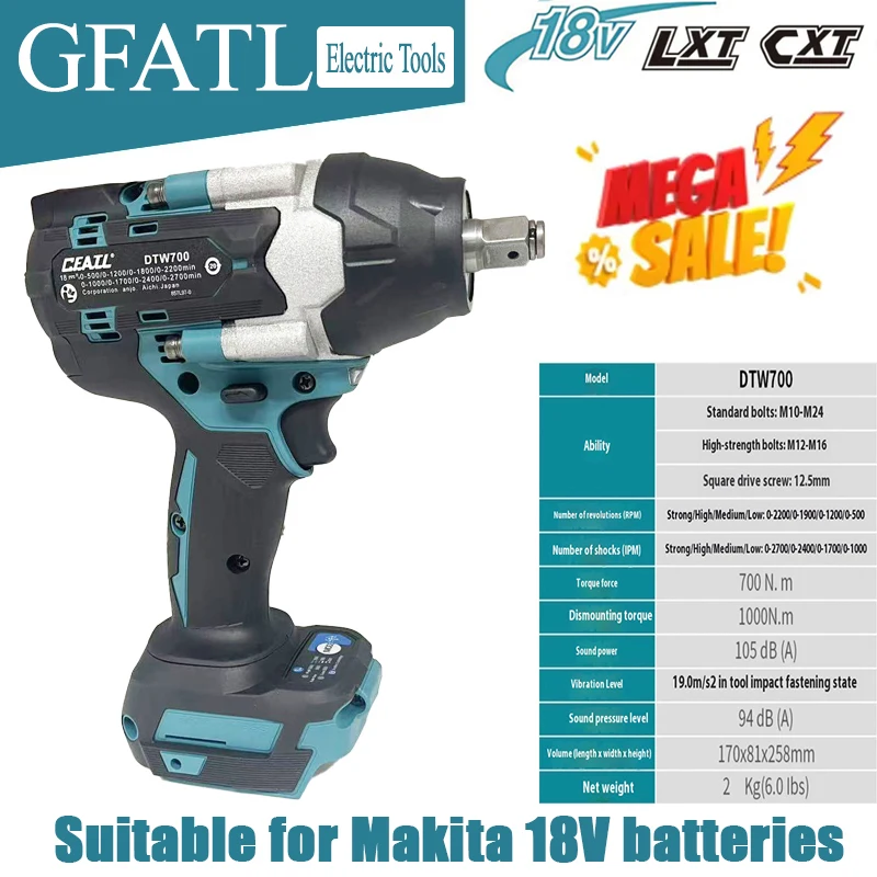 

all-purpose DTW700 18V Cordless Impact Wrench Brushless Motor 700 Nm Variable Speed Electric Wrench , for Makita 18V batteries
