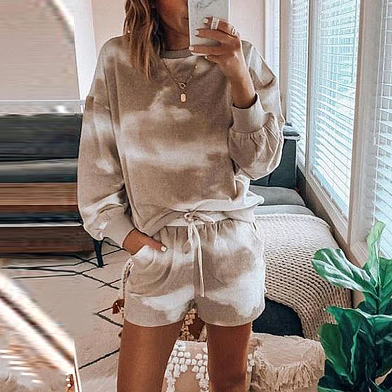 Casual Blouse Suit Shorts 2 Two-piece Sets Tie-dye Print Long Sleeve Loose Outfits for Women Vintage Drawstring Clothes 27093