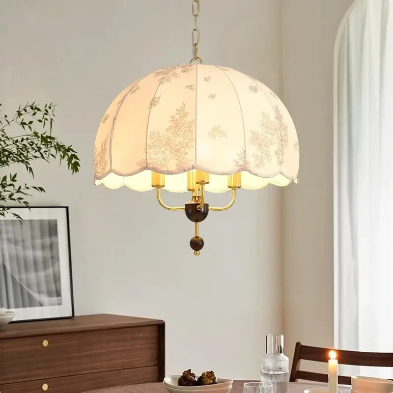 French Dining Room Fabric Chandelier Lamps Vintage Living Room Flower Pattern Solid Light Fixture Bedroom Bedside Pendant Lights