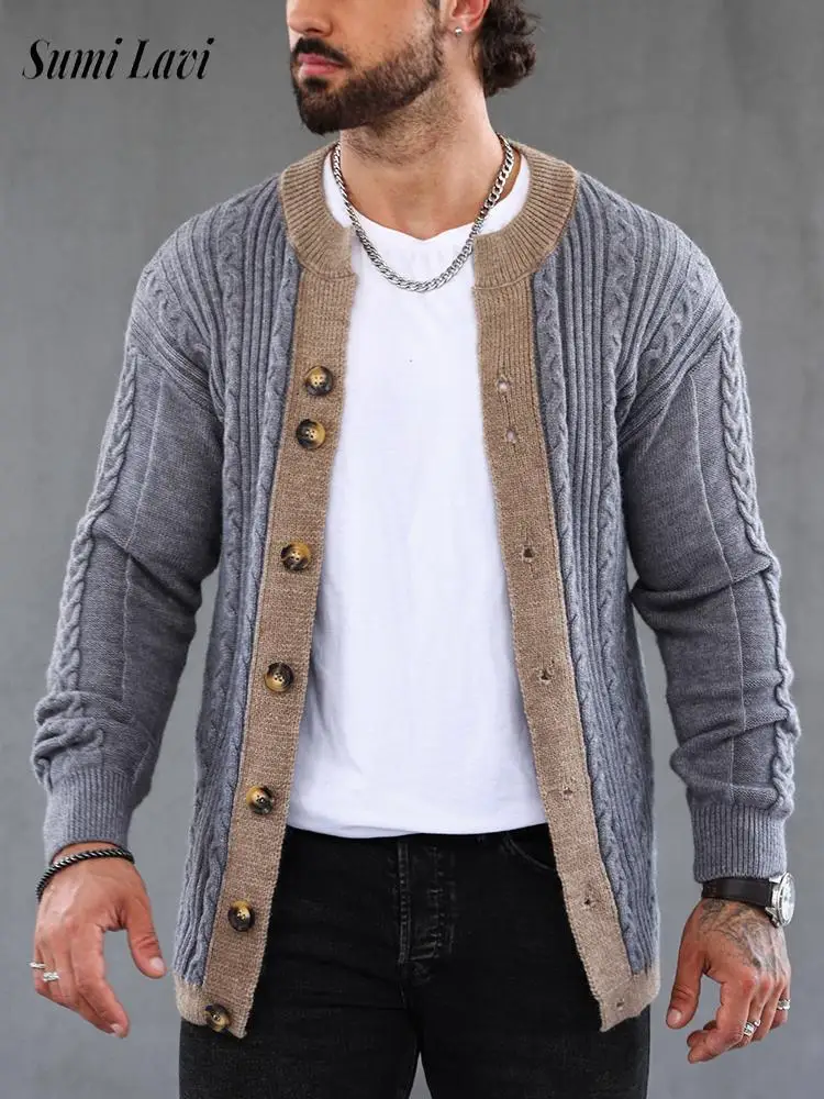 

Stylish Long Sleeve Knitting Jackets Men Autumn Vintage Patchwork Twist Jacquard Sweater Jacket Streetwear Mens Fashion Sweaters