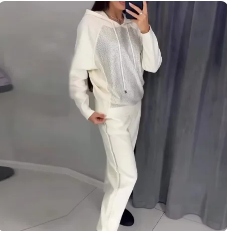 Sweatpants Suit Womens Set Fashion Diamonds Patchwork Hoodies Autumn Long Sleeve Two Piece Outfits Winter Sportwear Tracksuits