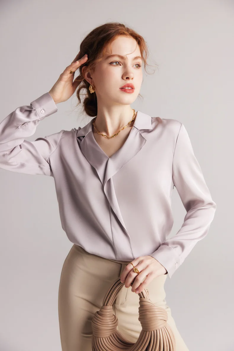 90% Natural Silk 10% Spandex Women's Shirt Turn Down Collar Ruffles Long Sleeves Elegant Fashion Blouse Tops