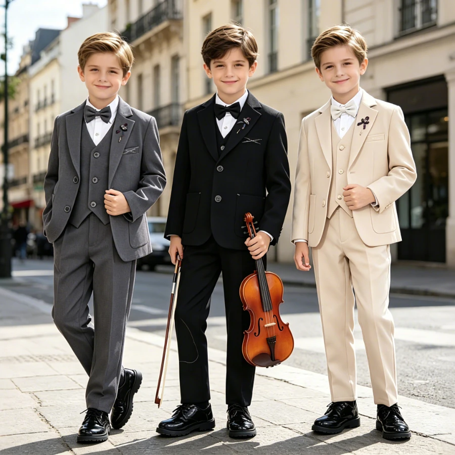 Boys Formal Suit Jacket Waistcoat Pants Bow Tie Kids Violin Piano Recital Wedding Ring Bearer Stage Birthday Photo Outfit 3-14Y