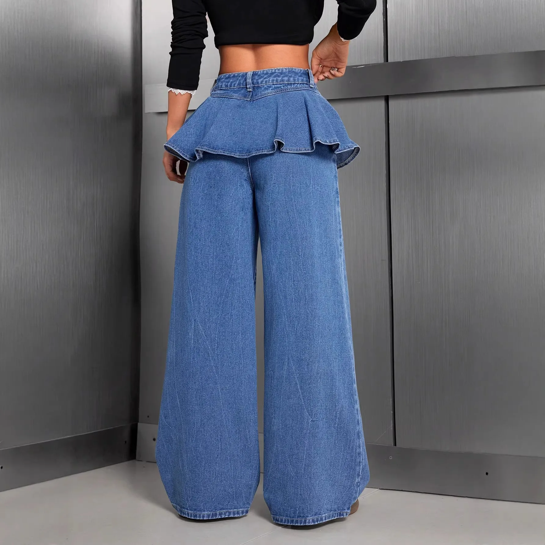 Autumn Women's Ruffle Denim Jeans Solid Color High Waist Ruffled Straight Leg Pants Casual Female Cowboy Trousers Ladies Jeans