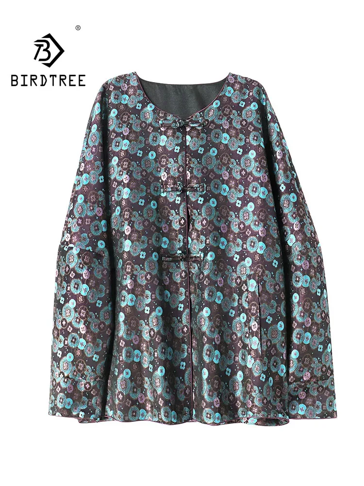 BirdTree-45MM Silk Song Brocade Elegant Coat, O Neck Jacquard, Women Retro Luxury Versatile Cardigan, 2026 Autumn New C69662CC