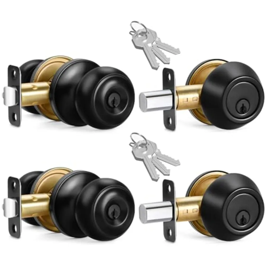 

2 Sets Entry Door Knob and Single Cylinder Deadbolt Combo Set, Keyed Alike Round Ball Exterior Door Knobs with Lock and Keys fo