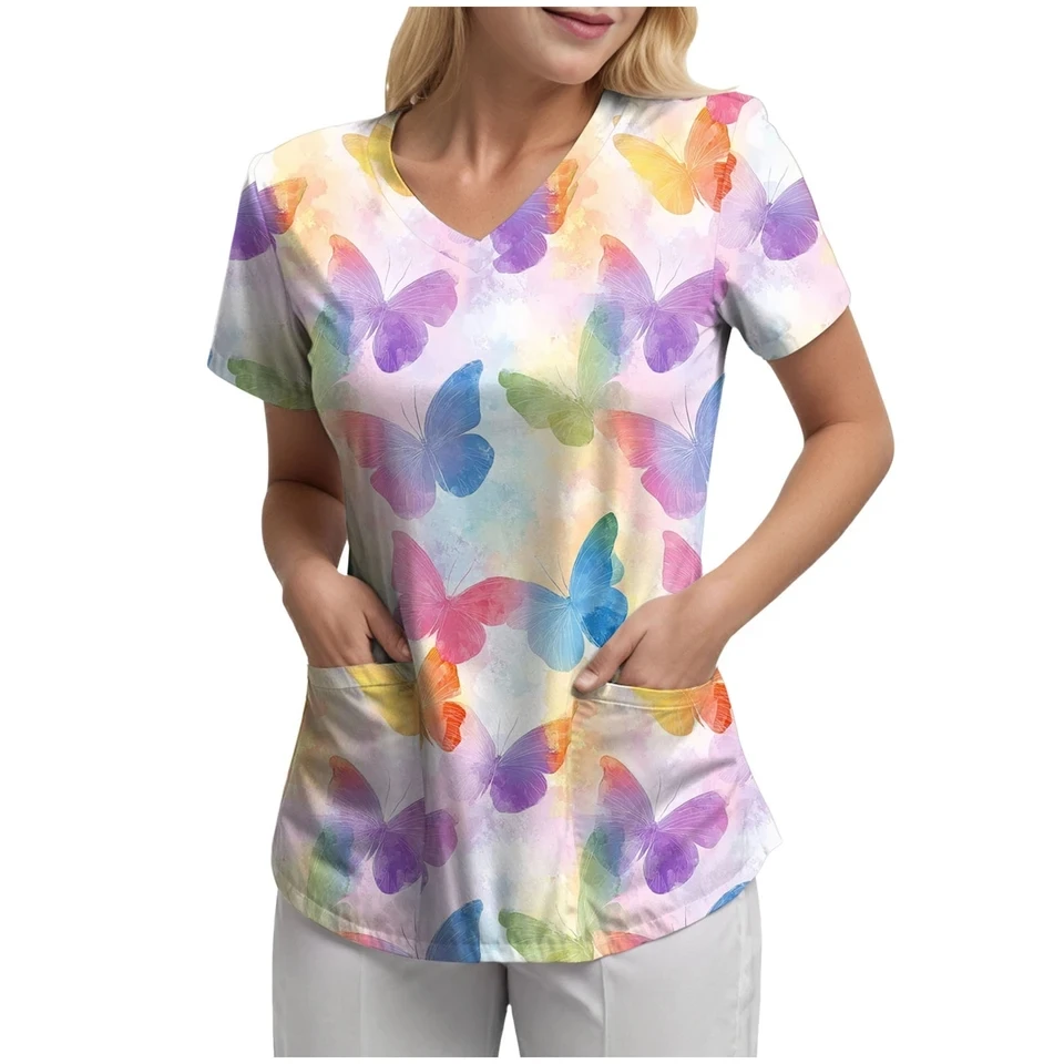 

V-Neck Nursing Spa Scrub Uniforms Printed Scrubs Top Women's Working Clothes With Two Pockets Graphic Printing Short Sleeve Tees