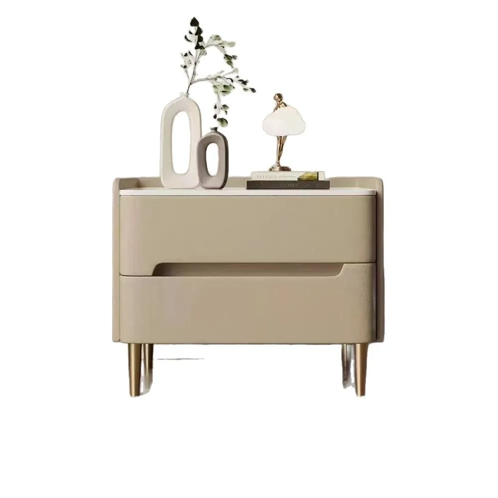 Modern Nightstand Furniture Bedside Table with Drawer Glossy Marble Top Gold Metal Legs Faux Leather