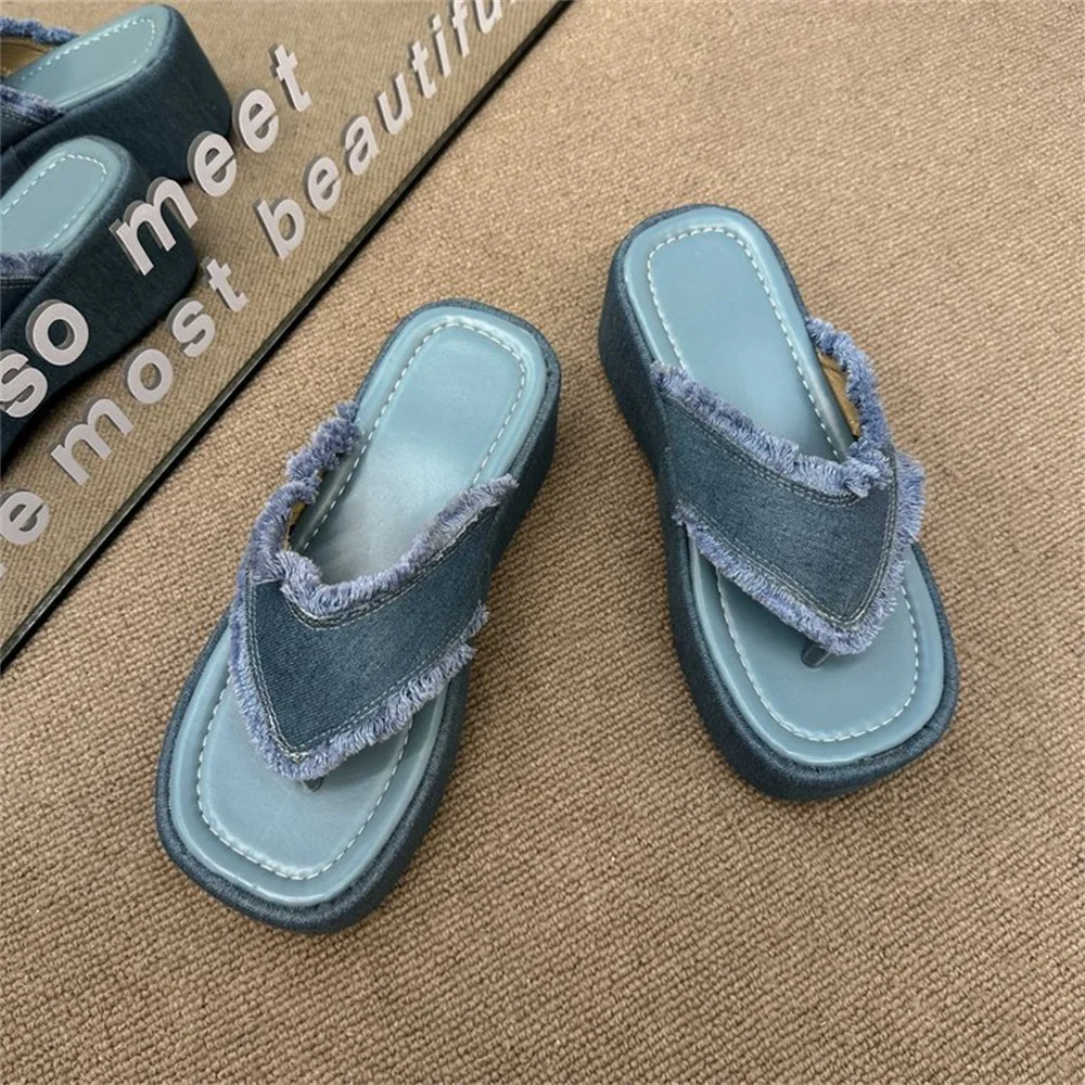 

Tassel Denim Elegant Soft Platform Thick-soled Height-increasing Flip-flops Women 2024 Summer Outer Wear Fashion Beach Sandals-4