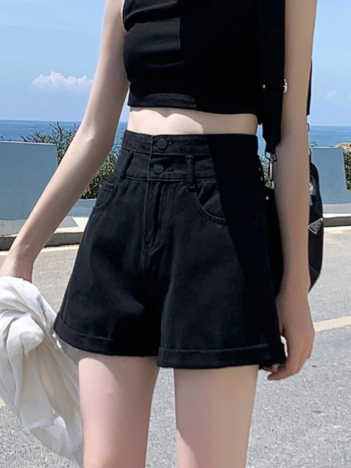 

High Waist Black Denim Shorts Women's Summer New Style Loose Slim A-Line Hot Pants Small Size Trendy Ins Short Jeans
