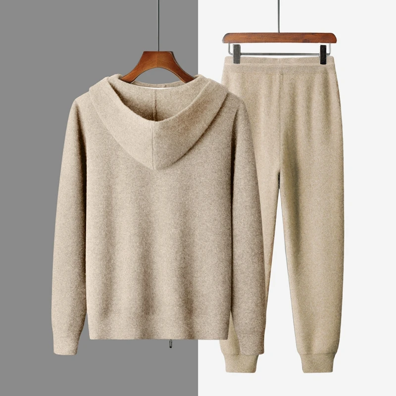 Men's 100% Cashmere Hooded Zipper Cardigan And High-Waisted Tapered Pants Set Casual Thick Warm Two-Piece Autumn Winter Outfit..