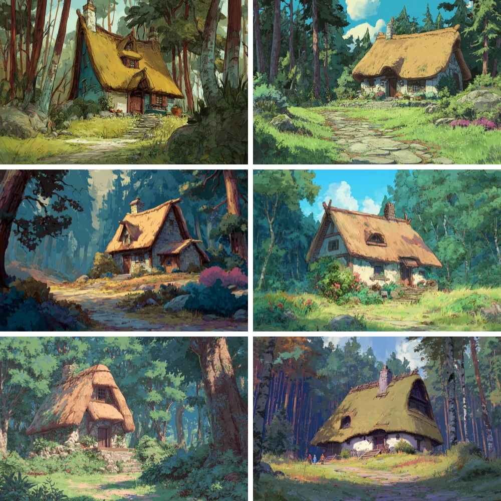 

Spring Hand Drawn Style Thatched Cottage Rural Scenery Children's Birthday Party Photography Background Photography Decoration