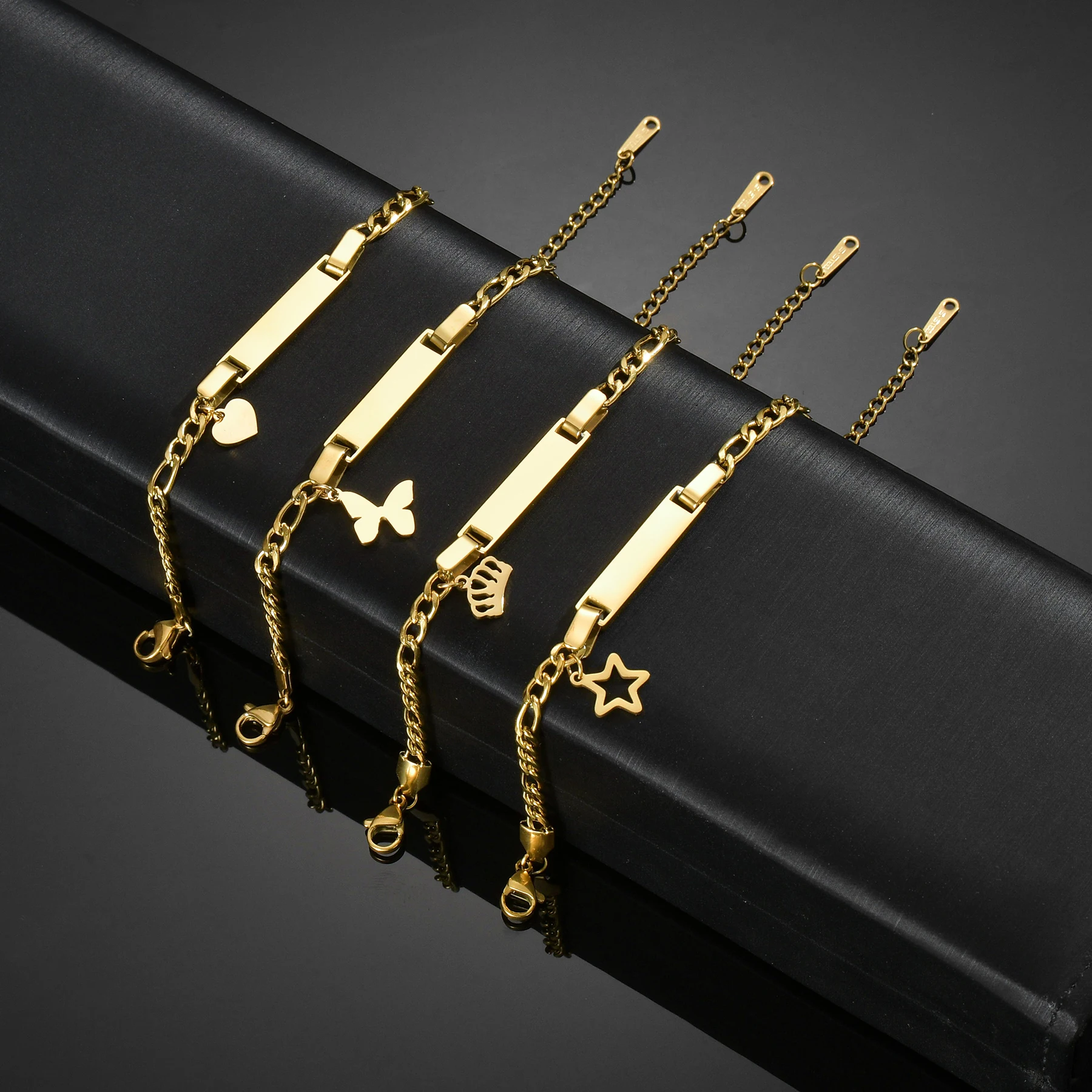 Akizoom Punk pulseras para bebés recién nacidos Hip Pop Color dorado cadena Figaro de acero inoxidable barra en blanco brazalete para niños joyería regalo de cumpleaños