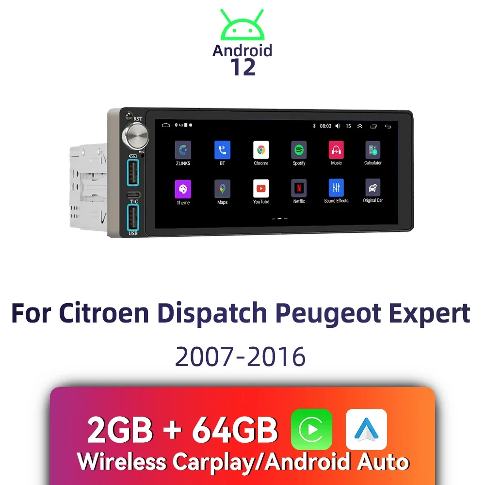 

Авторадио Carplay, 1-диночное радио, Android, автомобильное мультимедиа для Citroen Dispatch Peugeot Expert 2007-2016, 6,86 дюйма, стерео головное устройство с экраном