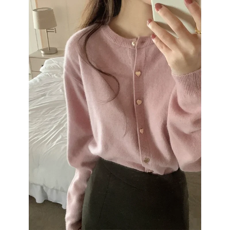 

Pink Knitted Cardigan for Women Spring Autumn Thin Style Soft Waxy Long-sleeved Short Sweater Jacket Top