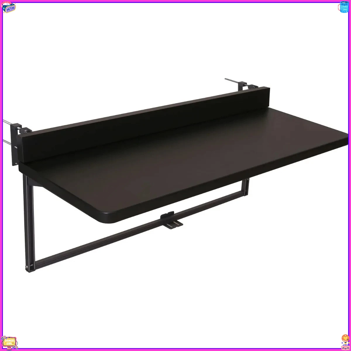 Mesa suspensa preta, montagem em trilho de varanda, mesa lateral dobrável ajustável para pequenos espaços, pátio, jardim, uso em apartamentos.