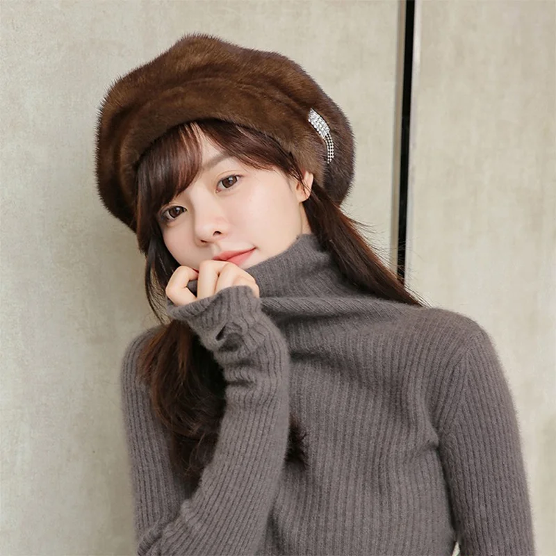 

Fashion Beret Natural Luxury 100% Mink Hair Elegant Women's New Russian English Hat Winter Outdoor Thickened Vintage Hat