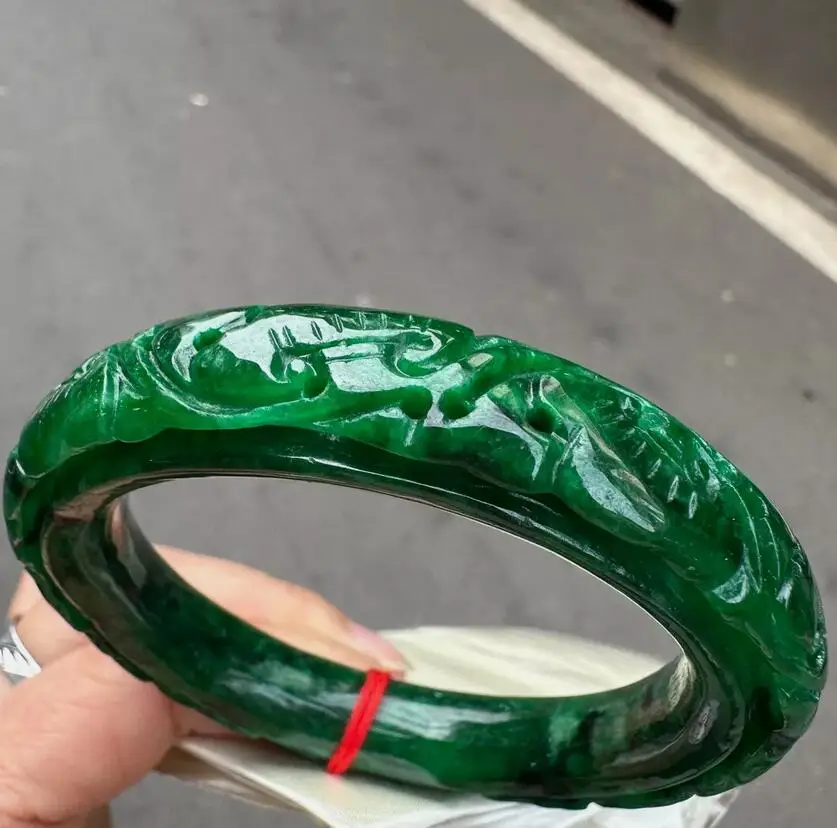 

Round Rod Grade AAA Hand carving Green Burma Jade jadeite bracelet bangle 58mm