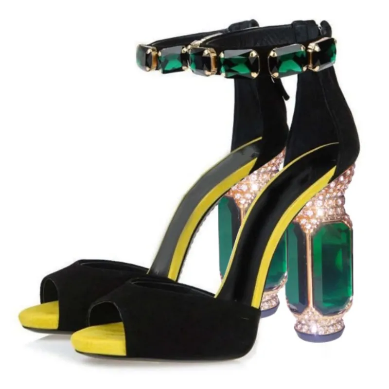 

DIZHUANG Sexy women's high-heeled sandals. Multi colored suede sandals. About 10.5cm heel height. Crystal heel. Summer shoes.